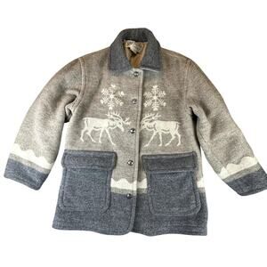 Vintage Gallery Gray Wool Reindeer Winter Snowflake Jacket Heavy M Coat Buttons